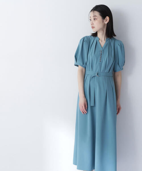 美品✨BLAMINK　コットンリネンベルテッドワンピース　ネイビー　38 ロング丈】ブラックドット ロング衿付きワンピース– kay me