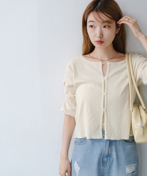 フラッフィー半袖カーデ フラッフィー半袖カーデ バイカラー