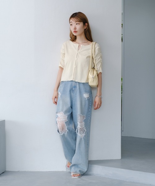 ２点　kastane バルーンブラウス　ネイビーとニットタグリブTEE ブルー 2WAY/4色展開】バルーンブラウス（シャツ/ブラウス）｜Kastane