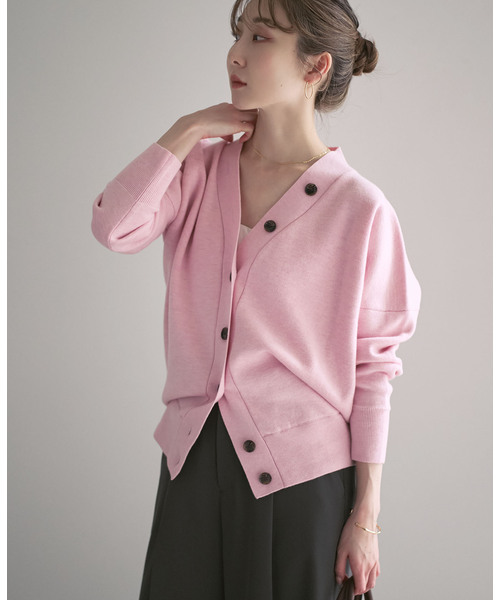 ピンク Vネック ボタン付きカーディガン TREOVER カーディガン 片畦編み・Vネック MIXニットカーディガン