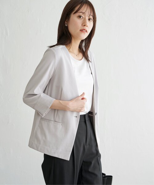 「IKKA LOUNGE」 ノーカラージャケット M ライトグレー レディース_画像2