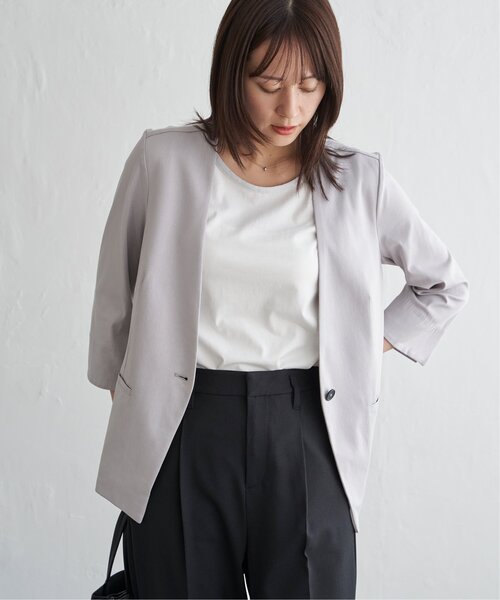 「IKKA LOUNGE」 ノーカラージャケット M ライトグレー レディース_画像3