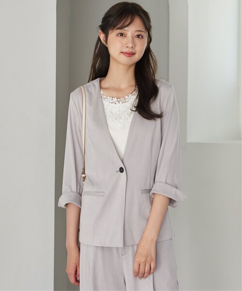 「IKKA LOUNGE」 ノーカラージャケット M ライトグレー レディース_画像6