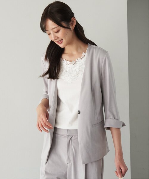 「IKKA LOUNGE」 ノーカラージャケット M ライトグレー レディース_画像7