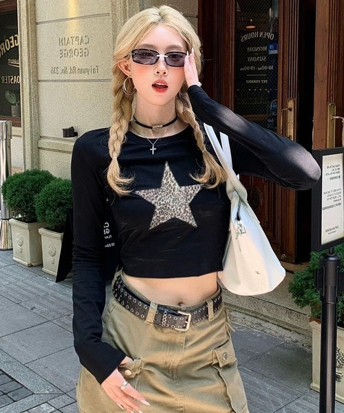 NANEA（ナネア） tシャツ ヒョウ柄スターモチーフ クロップドロングT
