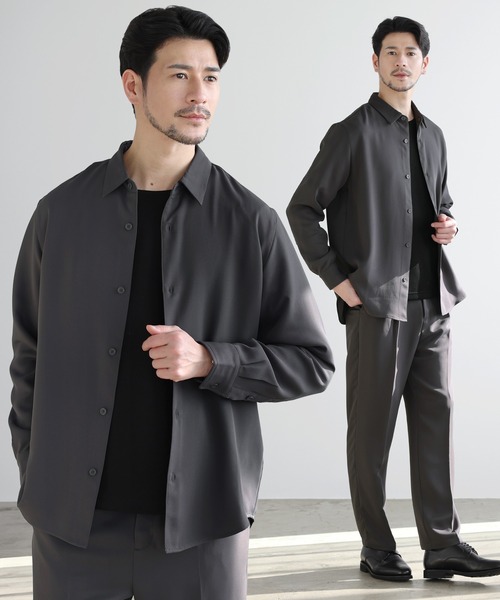 高機能フクレ二重織レギュラーカラーシャツ＆ロングパンツ2点セットアップ セットアップ 2点セット】【防シワ・抗ピリング・ストレッチ
