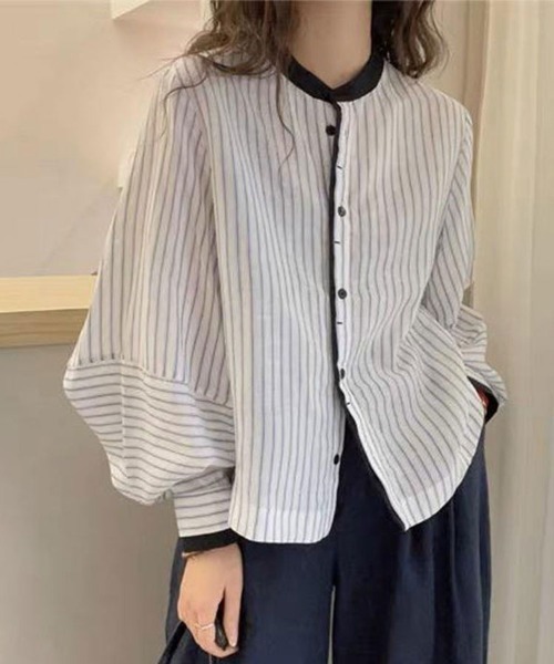 Sally Lunn ブラウス シャツ 袖ボリューム配色ストライプブラウス
