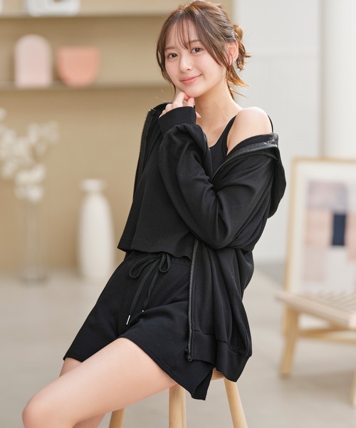 パジャマ ルームウェア 「綿混ワッフル素材♪パーカー付きでロング  