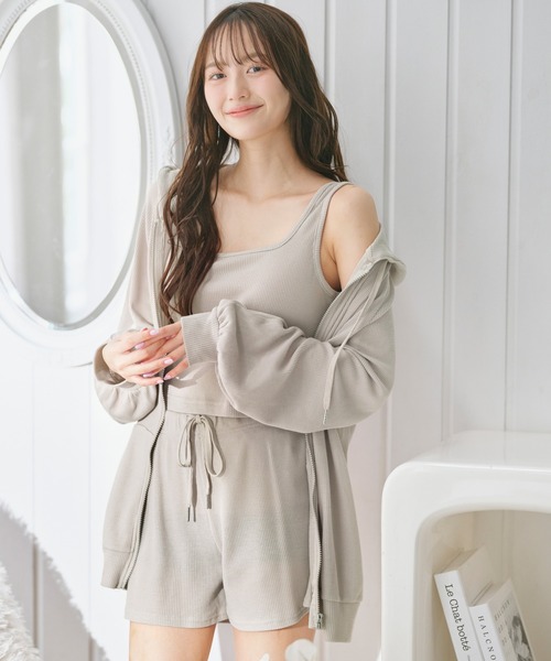 パジャマ ルームウェア 「綿混ワッフル素材♪パーカー付きでロング