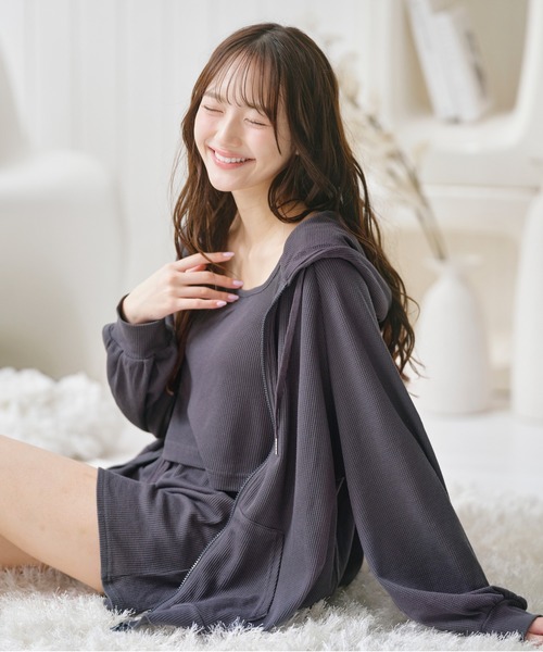 パジャマ ルームウェア 「やわらか綿混ワッフル素材♪パーカー付きで