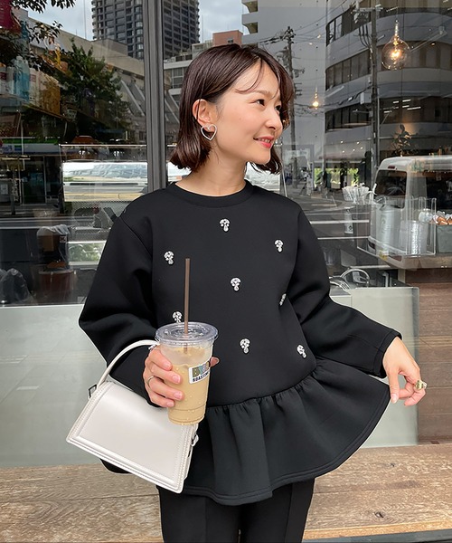 新品　フィットモア　ペプラムビジューダンボールニット　ブラック Fit more（フィットモア） ペプラムビジューダンボールニット