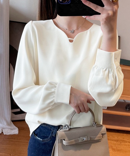 MILAE ブラウス シャツ キーネックプルオーバーシャツブラウス