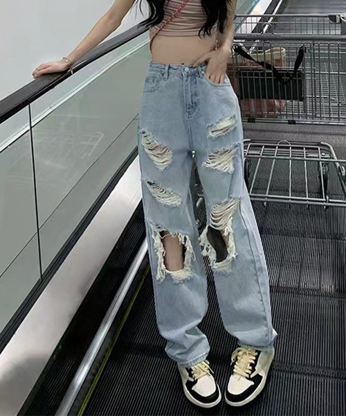ジーンズ ダメージ加工 パンツ ストレート クール 大人 ヤング ジーンズ デニム デニムパンツ ダメージデザインストレート
