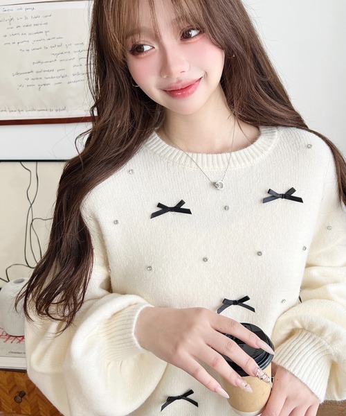 moment+ ニット セーター リボンビジューショート丈もちもちニットプル