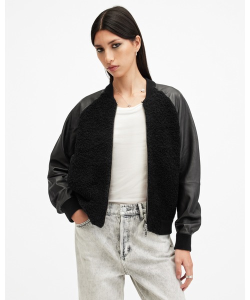 type cardigan”羊革“ 黒“ 短丈“bomber jacket ALLSAINTS（オールセインツ） カーディガン RENATA LEATHER SLEEVE