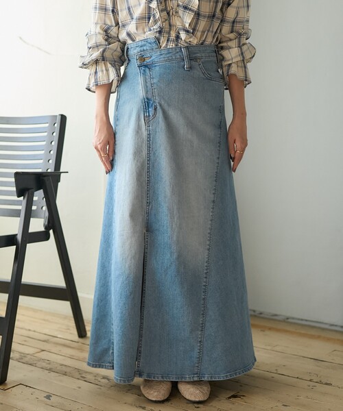 プリ−ツプリ−ズ　ジ−ンズ柄スカ−ト デニムスカート fringe stitch denim long skirt /フリンジパターン