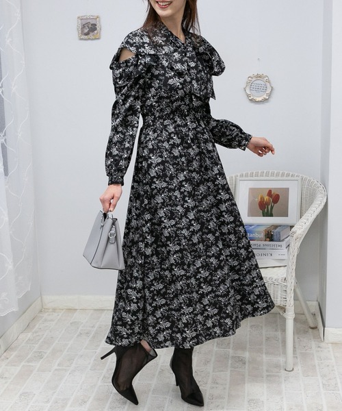 レトロ ✨ワンピース ロング丈 スカーフ柄 ハート柄 ボウタイ リボン M〜L ハート柄ショルダーリボンロングワンピース[on265] | レディース