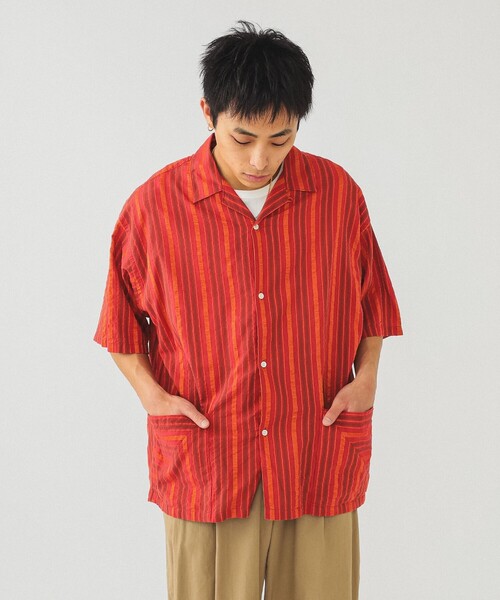 BEAMS シャツ ドビーストライプ オープンカラーシャツ メンズ
