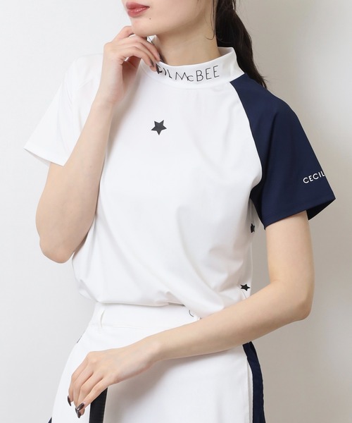tシャツ スターバイカラーラグラン半袖モックネックシャツ レディース