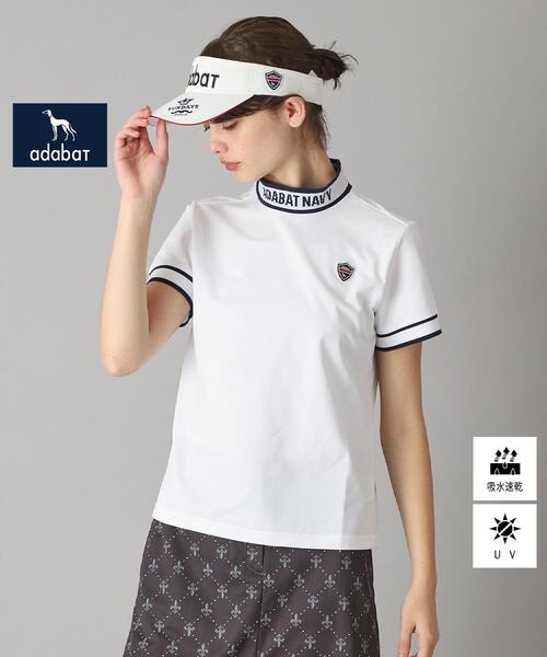 tシャツ 「新レーベル ADABAT NAVY」UVカット/吸水速乾 ラインリブモックネックT レディース