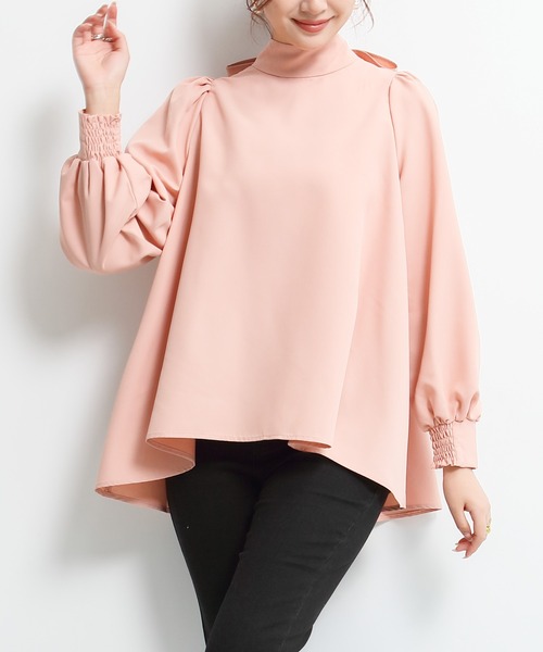 ブラウス シャツ ハイネックバックリボンブラウス レディース Aライン