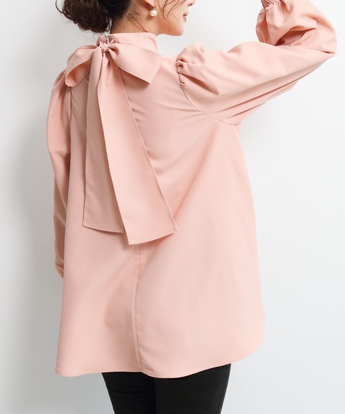 ブラウス シャツ ハイネックバックリボンブラウス レディース Aライン