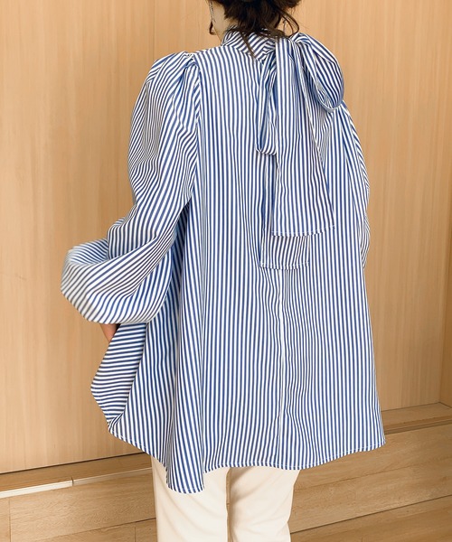 ブラウス シャツ ハイネックバックリボンブラウス レディース Aライン