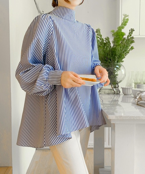 ブラウス シャツ ハイネックバックリボンブラウス レディース Aライン