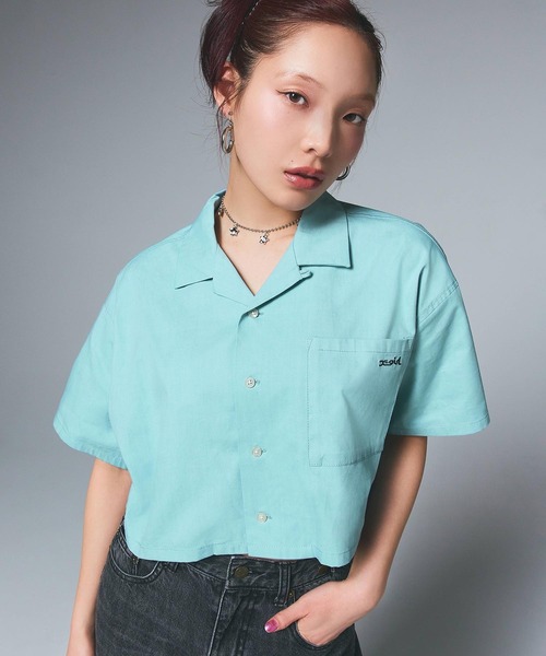 X-girl ブラウス シャツ FACE OPEN COLLAR CROPPED SHIRT