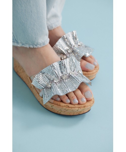 STACCATO（スタッカート） 厚底 サンダル ラッフルストーンコルク