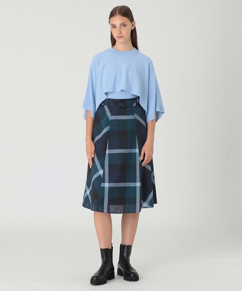 美品【ブルーレーベルクレストブリッジ】フレアスカート 総柄 チェック 白 青 ブルーレーベルクレストブリッジ BLUE LABEL CRESTBRIDGE