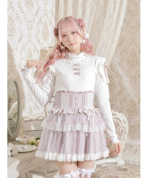 NOEMIE 量産ガーリー リボン×ハート釦カットソー2点 M ピンク&ホワイト NOEMIE（ノエミー） tシャツ キラキラリボンオープンショルダープチ