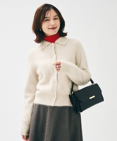 カーディガン 「ふわふわニット/オンオフ使える」フォックスカシミヤ衿付きカーディガン レディースの画像