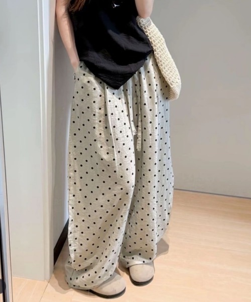 ワイドパンツ パンツ ドット柄 リネン混 ワイドイージーパンツ