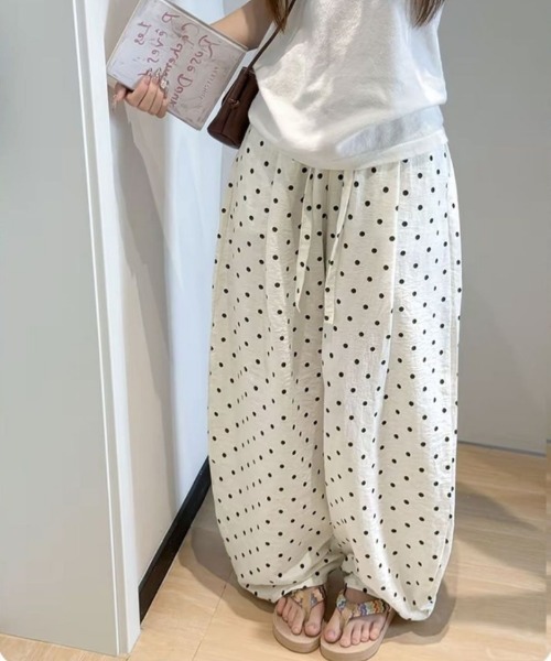 ワイドパンツ パンツ ドット柄 リネン混 ワイドイージーパンツ