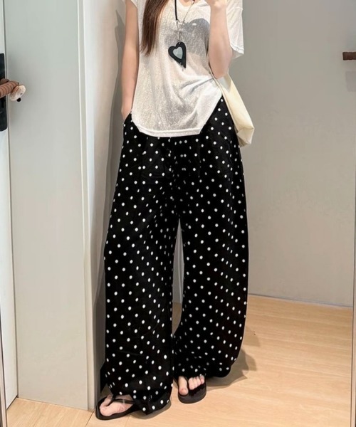 ワイドパンツ パンツ ドット柄 リネン混 ワイドイージーパンツ