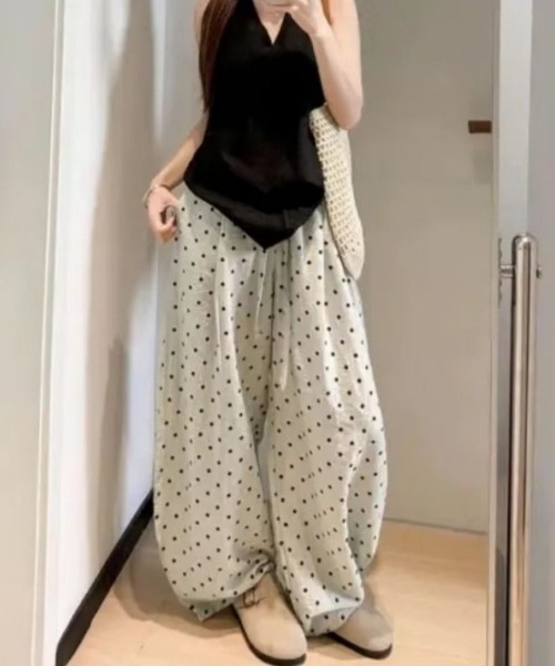 ワイドパンツ パンツ ドット柄 リネン混 ワイドイージーパンツ