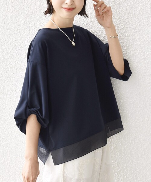 tシャツ 「洗濯機可能」袖 ツイスト デザイン シアー ドッキング TEE レディースの画像