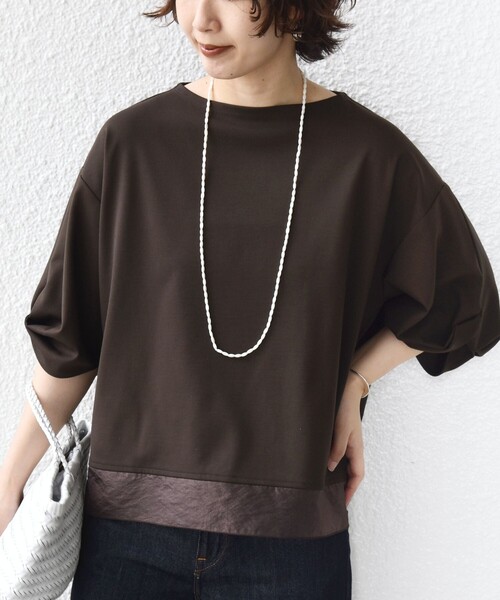 tシャツ 「洗濯機可能」袖 ツイスト デザイン シアー ドッキング TEE レディースの画像