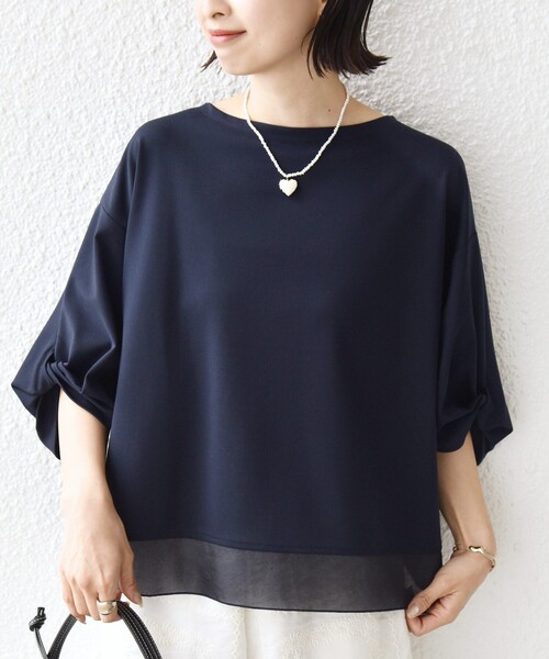 tシャツ 「洗濯機可能」袖 ツイスト デザイン シアー ドッキング TEE レディースの画像