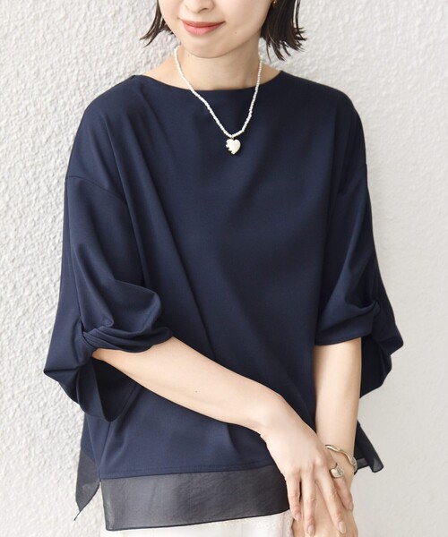 tシャツ 「洗濯機可能」袖 ツイスト デザイン シアー ドッキング TEE レディースの画像