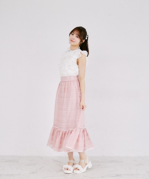 GOLDS♡ビジューバックル付き♡ラッフルフリルレース♡キャミトップス♡PINK Suyunn ブラウス シャツ レースボウタイリボン付きラッフルフリル