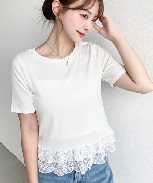 CADUNE 新品 フリルカットソー 半袖 ホワイト 38 moment+ tシャツ 半袖 裾フリルレース半袖カットソー レディース