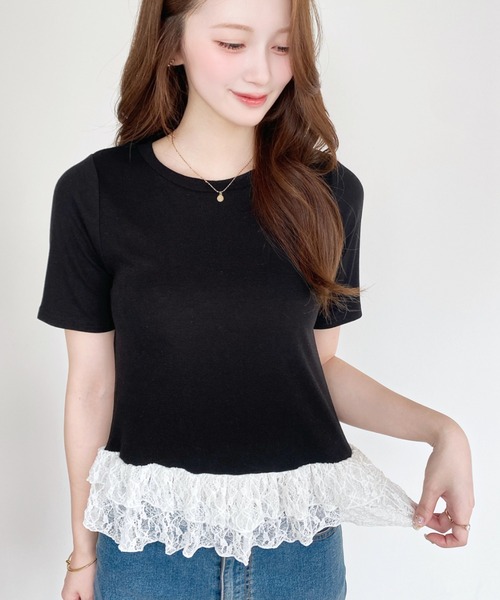 moment+ tシャツ 半袖 裾フリルレース半袖カットソー レディース