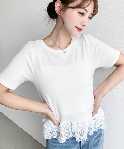 CADUNE 新品 フリルカットソー 半袖 ホワイト 38 moment+ tシャツ 半袖 裾フリルレース半袖カットソー レディース