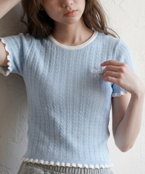 tシャツ 半袖 ワンポイントリボン バイカラー メロウ ニットトップス