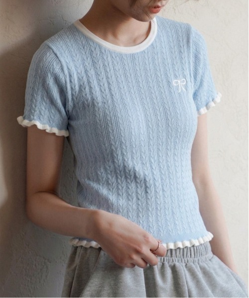 tシャツ 半袖 ワンポイントリボン バイカラー メロウ ニットトップス