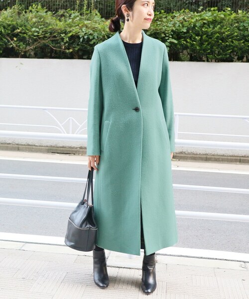 IENA」 ノーカラーコート 36 グリーン レディース ラムウールノー