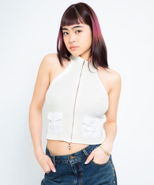 タンクトップ ノースリーブ atmos pink Choker Neck Knit Top / アトモスピンク チョーカーネック ニットトップ レディ