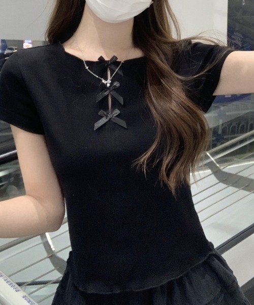 leune（ルネ） tシャツ トリプルミニリボントップス/リボン付フロント